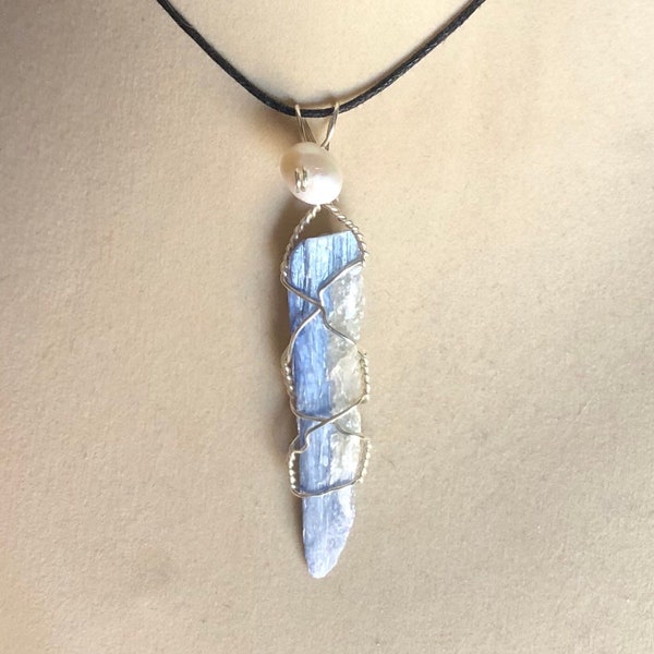 Blue Kyanite Pendant Wire Wrapped Necklace Jewelry