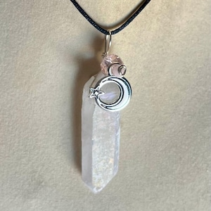 Angel Aura Quartz Crystal Point Pendant Necklace with Moon & Star Charm Wire Wrapped Jewelry