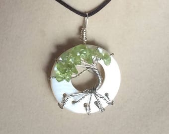 Peridot Tree of Life Pendant MOP Wire Wrapped Shell Necklace