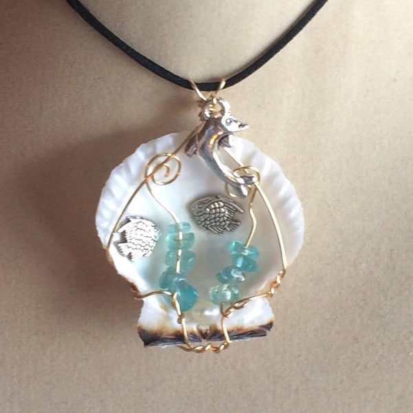 Seascape Shell Pendant Seascape Ocean Theme Wire Wrapped Necklace