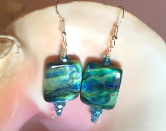 Green and Blue Shell Earrings Wire Wrapped Jewelry