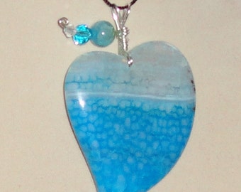 Blue Dragon Vein Agate Heart Pendant Wire Wrapped Necklace Jewelry