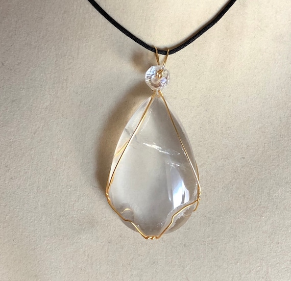 Quartz Crystal Cab Pendant Wire Wrapped Necklace Jewelry