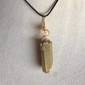 Titanium Gold Quartz Point Pendant Wire Wrapped Necklace Jewelry