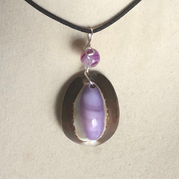 Purple Cowry Shell Pendant Wire Wrapped Necklace Jewelry