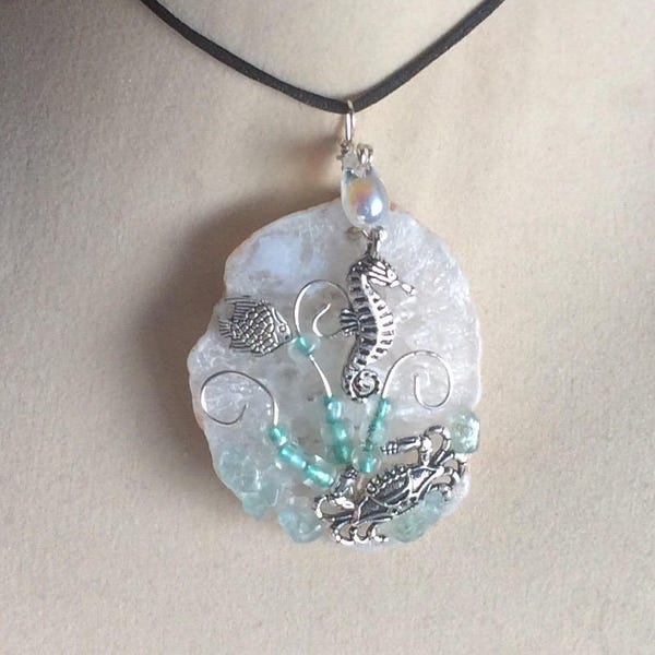 Wire Wrapped Agate Seascape Ocean Theme Pendant Necklace Jewelry