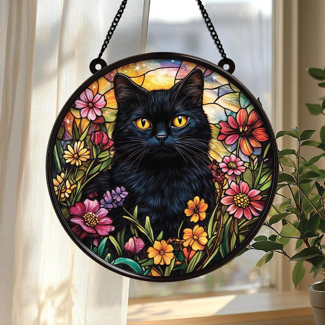 Suncatcher Black Cat in Wild Flowers, Faux Stained Glass Cat Window ...