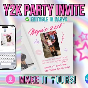 Plantilla de Canva para invitación al 21.º cumpleaños del año 2000 / Volante de fiesta animado y estático / Descarga digital editable de chica atractiva / Invitación con mensajes de texto y reels de Instagram
