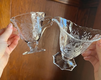 Vintage Heisey Etched Glass Sugar Bowl Creamer Set (H Diamond Mark)