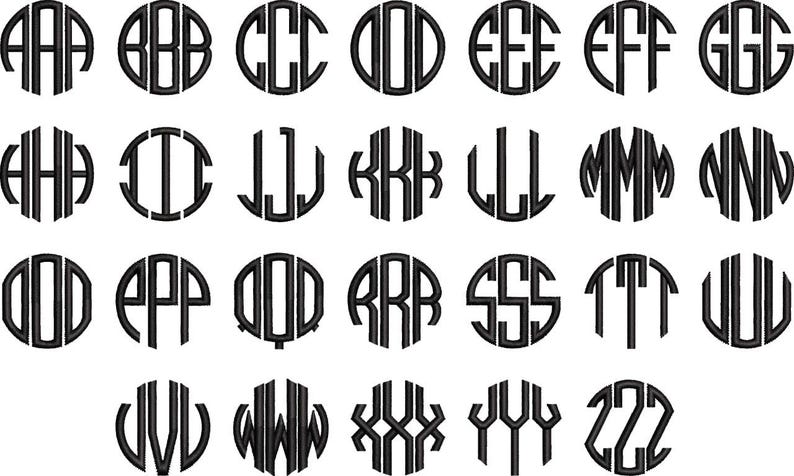 K&ouml;nnte beinhalten: Eine Sammlung schwarzer Monogramm-Designs mit verschiedenen Buchstabenkombinationen, jeweils in einem kreisf&ouml;rmigen Rahmen. Die Buchstaben sind fett und stilisiert, ideal f&uuml;r die Personalisierung.