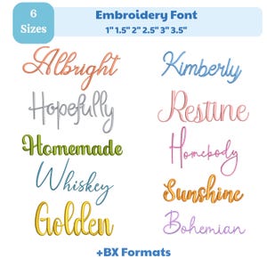 Op de afbeelding: Een afbeelding met een borduurlettertype met verschillende gekleurde woorden. De woorden zijn "Albright", "Kimberly", "Hopefully", "Restine", "Homemade", "Homebody", "Whiskey", "Sunshine", "Golden" en "Bohemian". De lettergroottes zijn 2.5 cm, 3.8 cm, 5 cm, 6.4 cm, 7.6 cm en 8.9 cm.