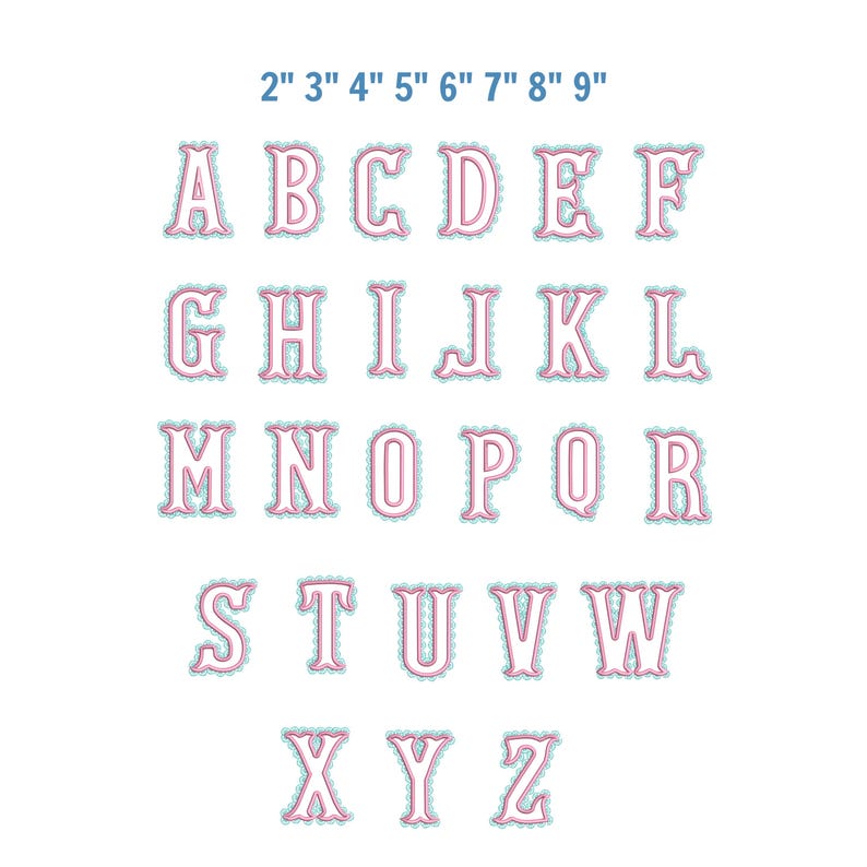 May include: A set of pink letters with a scalloped blue border, ranging in size from 2 to 9 inches. The letters are in a serif font and are arranged in rows, with the alphabet displayed from A to Z.