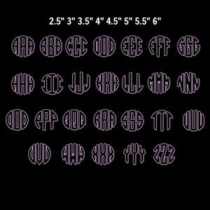May include: A black background displays a collection of monogram designs in a circle shape. Each monogram features three capital letters. Sizes range from 2.5" to 6". The letters are outlined in a light purple color.