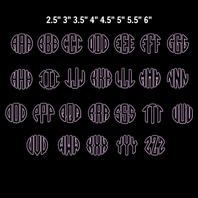 May include: A black background displays a collection of monogram designs in a circle shape. Each monogram features three capital letters. Sizes range from 2.5" to 6". The letters are outlined in a light purple color.