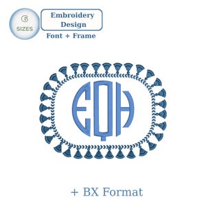 May include: An embroidery design featuring a blue monogram within an oval frame adorned with tassels. The design includes the text "Embroidery Design Font + Frame" and "6 Sizes". The format is "+ BX Format".