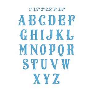 May include: A complete alphabet in a light blue color, with each letter having a decorative serif font. The sizes range from 1 inch to 3.5 inches. The letters are arranged in rows, with the sizes listed above the letters.