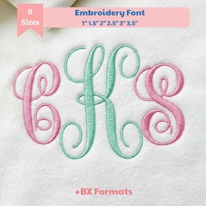 May include: An embroidery font design featuring the monogram letters CKS stitched in pink and mint green thread on a white fabric background. The text at the top reads 6 Sizes Embroidery Font 1" 1.5" 2" 2.5" 3" 3.5" and the bottom text reads +BX Formats.