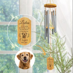 Personalized Engrave Pet Memorial Outdoor Wind Chime, Pet Photo Watercolor Portrait Wind Chime, Pet Remembrance, Pet Loss Sign for Garden