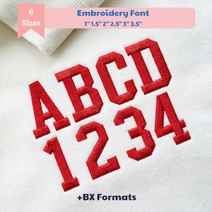 Può includere: Lettere A, B, C, D e numeri 1, 2, 3, 4 ricamati in rosso su un tessuto bianco. Un banner rosa in alto mostra il testo Embroidery Font ed elenca 6 dimensioni: 2,54 cm, 3,81 cm, 5,08 cm, 6,35 cm, 7,62 cm e 8,89 cm.