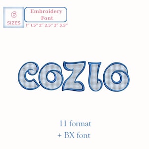 May include: An embroidery font design with the word "COZIO" in blue, featuring a cross-stitch pattern. The image includes text indicating six sizes, ranging from 1" to 3.5", and mentions 11 formats plus a BX font.