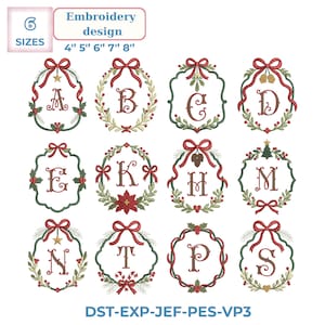 May include: A digital embroidery design set featuring twelve letters of the alphabet, each framed by festive holiday wreaths with red bows, holly, pine, and berries. Text includes 6 SIZES 4" 5" 6" 7" 8" and file formats DST-EXP-JEF-PES-VP3.