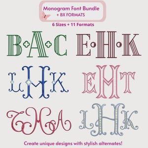 Paquete de fuentes de monogramas con 6 diseños, alfabeto clásico de cola de pez, letras serif vintage preppy para pañuelos y caminos de mesa personalizados.