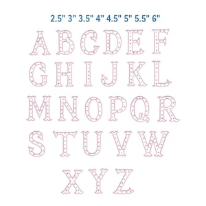 May include: A complete alphabet in a decorative font, each letter outlined in a light pink color and adorned with small heart-shaped accents. The letters range in size from 2.5 to 6 inches.
