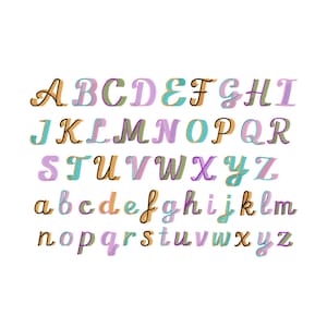 May include: A complete set of uppercase and lowercase English alphabet letters displayed in a cursive script font. Each letter features a multi-colored layered design with shades of orange, teal, purple, and green, creating a distinct shadow effect.