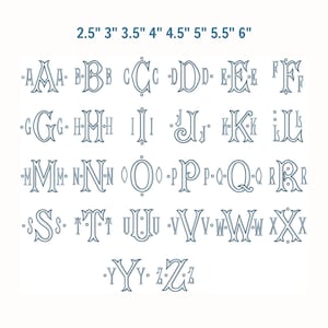 May include: A collection of blue monogram letters, A through Z, in a decorative font. Each letter is displayed on a white background, with size measurements in inches above the letters. The letters are in a serif style.