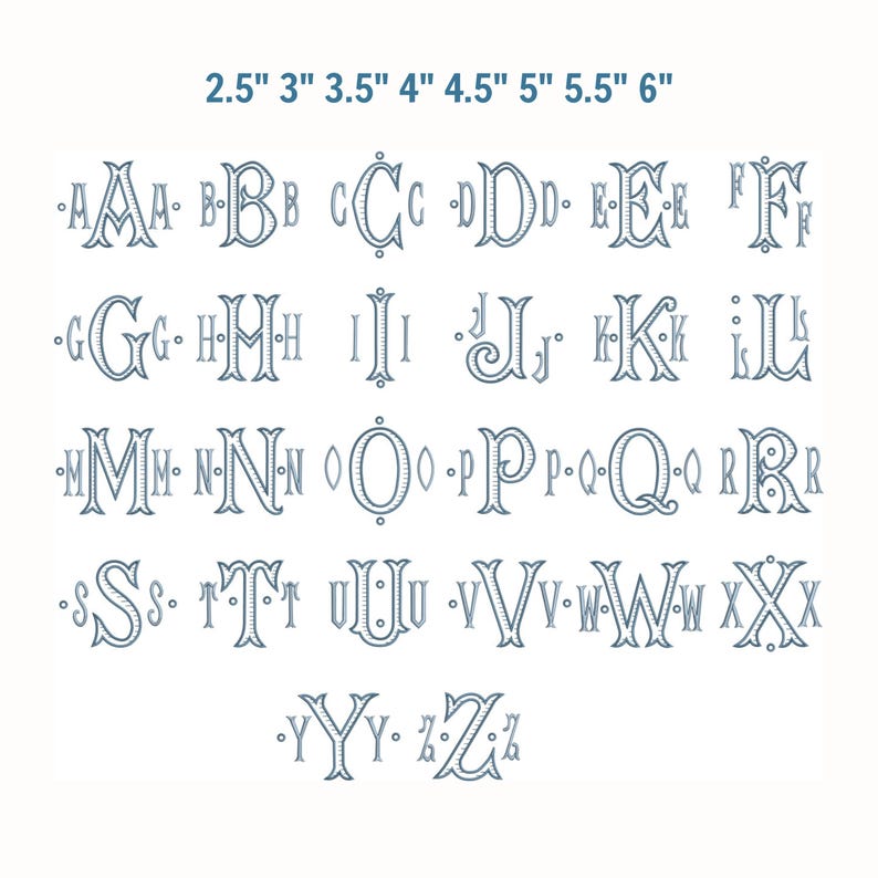 May include: A collection of blue monogram letters, A through Z, in a decorative font. Each letter is displayed on a white background, with size measurements in inches above the letters. The letters are in a serif style.