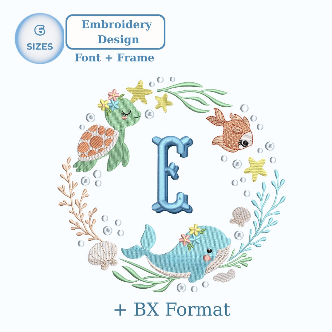 Ocean Baby Monogram Fishtail Shadow Font and Frame Embroidery Design ...
