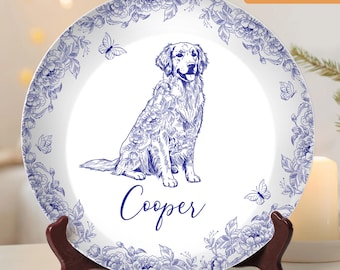 Gepersonaliseerde schotel huisdiersieraden, aangepaste hondenfoto's chinoiserie toile de jouy, hondenliefhebber geschenken, hond vader sieraden schotel, hond vader moeder trinket schotel