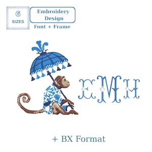 Può includere: Un disegno di ricamo con una scimmia che tiene un parasole blu e indossa un cappotto a fantasia blu e bianco. Il disegno include le lettere EMH in un font decorativo e il testo "Embroidery Design Font + Frame".