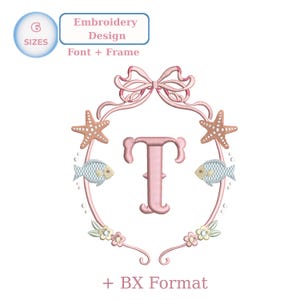 Scallop Fishtail Monogram Embroidery Design with Font BX, Full Alphabet Monogram Font and Frame, Initial Embroidery Set, Ornate monogram BX