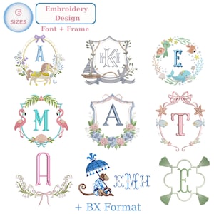 May include: An embroidery design graphic with various monogram frames and fonts. The designs include a horse, sailboat, sea creatures, flamingos, a monkey, and other decorative elements. The text "Embroidery Design Font + Frame" is at the top.