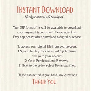 K&ouml;nnte beinhalten: Eine Ank&uuml;ndigung zum digitalen Download mit den Worten "INSTANT DOWNLOAD" in einer rot-orangen Schriftart. Der Text erkl&auml;rt den Download-Prozess, einschlie&szlig;lich des Zugriffs auf die Datei auf Etsy und der Kontaktaufnahme mit dem Verk&auml;ufer. Der Hintergrund ist hellbeige.