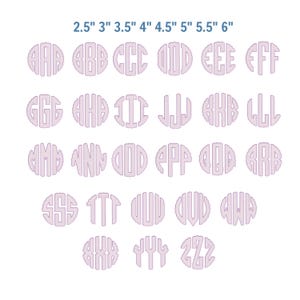 May include: A collection of 26 monogram designs in a circular shape, each featuring a different set of initials. The designs are in a light purple color and are arranged in rows and columns. The sizes range from 2.5 inches to 6 inches.