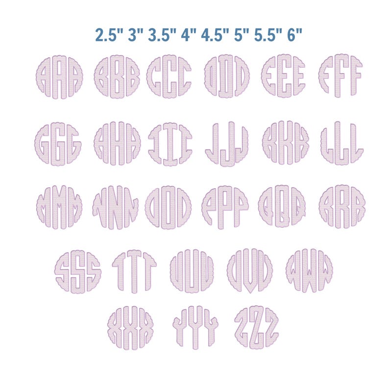 May include: A collection of 26 monogram designs in a circular shape, each featuring a different set of initials. The designs are in a light purple color and are arranged in rows and columns. The sizes range from 2.5 inches to 6 inches.