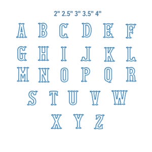 May include: A full alphabet in a light blue, wavy font, with the letters A through Z displayed. The image includes measurements in inches: 2", 2.5", 3", 3.5", and 4". The letters are outlined with a darker blue.