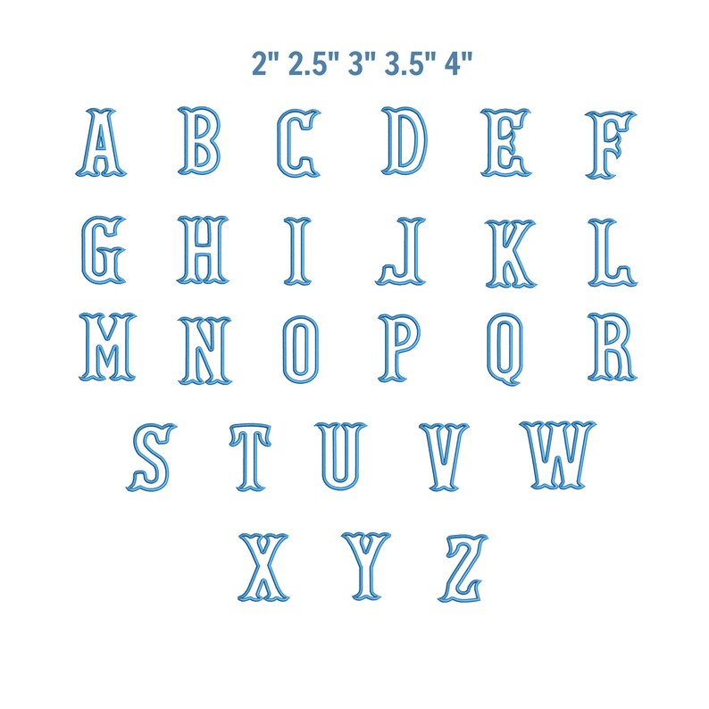 May include: A full alphabet in a light blue, wavy font, with the letters A through Z displayed. The image includes measurements in inches: 2", 2.5", 3", 3.5", and 4". The letters are outlined with a darker blue.