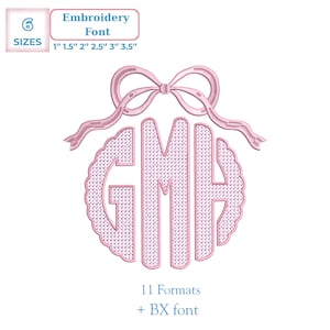 May include: A pink embroidery font design featuring the letters "GMH" within a scalloped circle, topped with a bow and ribbons. The design is available in 6 sizes: 1", 1.5", 2", 2.5", 3", and 3.5". The image also includes the text "Embroidery Font" and "11 Formats + BX font".