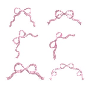 May include: A collection of six pink ribbon bows in various arrangements. Each bow features a classic bow shape with flowing ribbon tails. The bows are set against a plain white background, highlighting their delicate design.