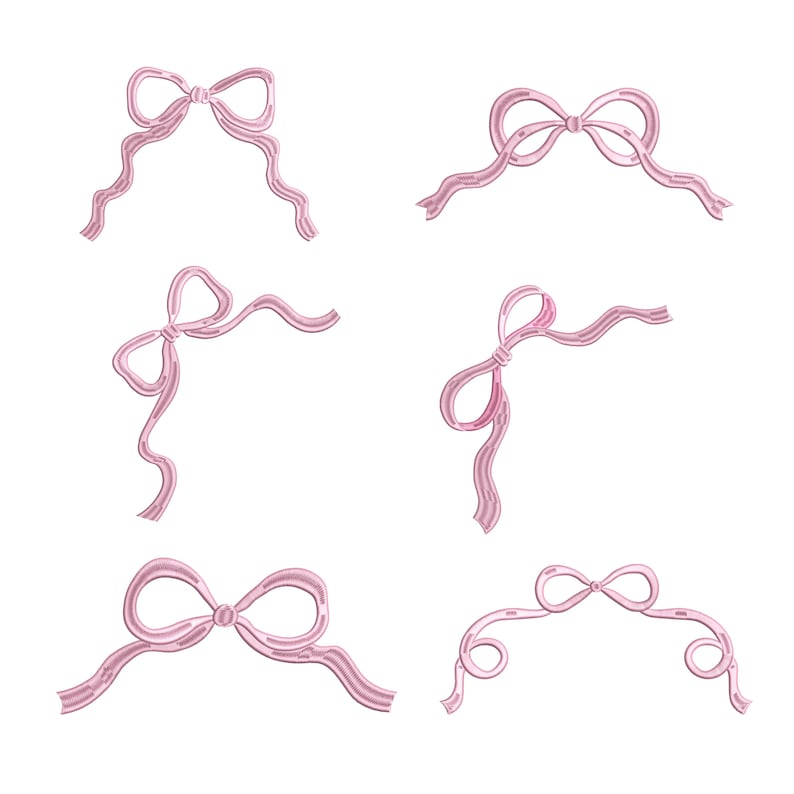 May include: A collection of six pink ribbon bows in various arrangements. Each bow features a classic bow shape with flowing ribbon tails. The bows are set against a plain white background, highlighting their delicate design.