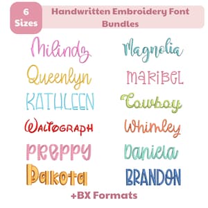 Peut inclure: Un affichage numérique de 12 styles de polices de broderie distincts en diverses couleurs, incluant Milindz, Magnolia, Queenlyn, Maribel, Kathleen, Cowboy, Waltograph, Whimley, Preppy, Daniela, Dakota et Brandon, avec le texte 6 Sizes Bundles +BX Formats.