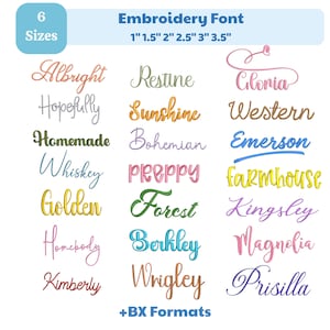 Set med 21 handskrivna broderitypsnitt, broderitypsnitt med kursiv skrift, handskrivet typsnitt med satinsöm, 6 storlekar, 11 format + BX-format