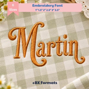 May include: An embroidery font design featuring the name Martin stitched in a golden-brown thread on a light green and white gingham fabric. The text at the top reads Embroidery Font 6 Sizes 1" 1.5" 2" 2.5" 3" 3.5" and the bottom text reads +BX Formats.