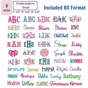 Peut inclure: Une collection de polices de broderie numérique présentant divers styles d'alphabets, monogrammes et mots en plusieurs couleurs. Le texte inclut 5 SIZES, Embroidery Font, 1" 1.5" 2" 2.5" 3" 3.5" et Included BX Format. L'image montre des lettrages variés.