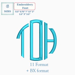 K&ouml;nnte beinhalten: Ein t&uuml;rkisfarbenes Monogramm-Design in Kreisform mit den Buchstaben T, D und H. Das Bild enth&auml;lt Text, der die Stickschriftgr&ouml;&szlig;en von 1,3 cm bis 8,9 cm und Formate angibt. Das Wort "SIZES" ist ebenfalls vorhanden.