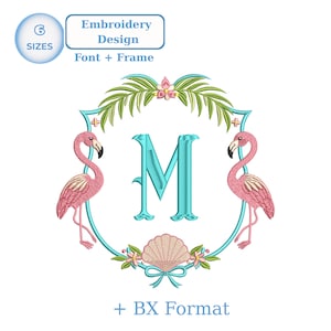 Flamingo Monogram Embroidery Design, Tropical Frame And Font Embroidery Design, Flamingo Alphabet Frame, Embroidery Monogram Frame BX PES