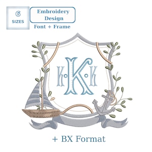 Puede incluir: Un diseño de bordado con temática náutica. El diseño presenta una forma de escudo con una gran letra "K" en el centro, un velero, un ancla y elementos decorativos. Se incluye el texto "Embroidery Design Font + Frame".